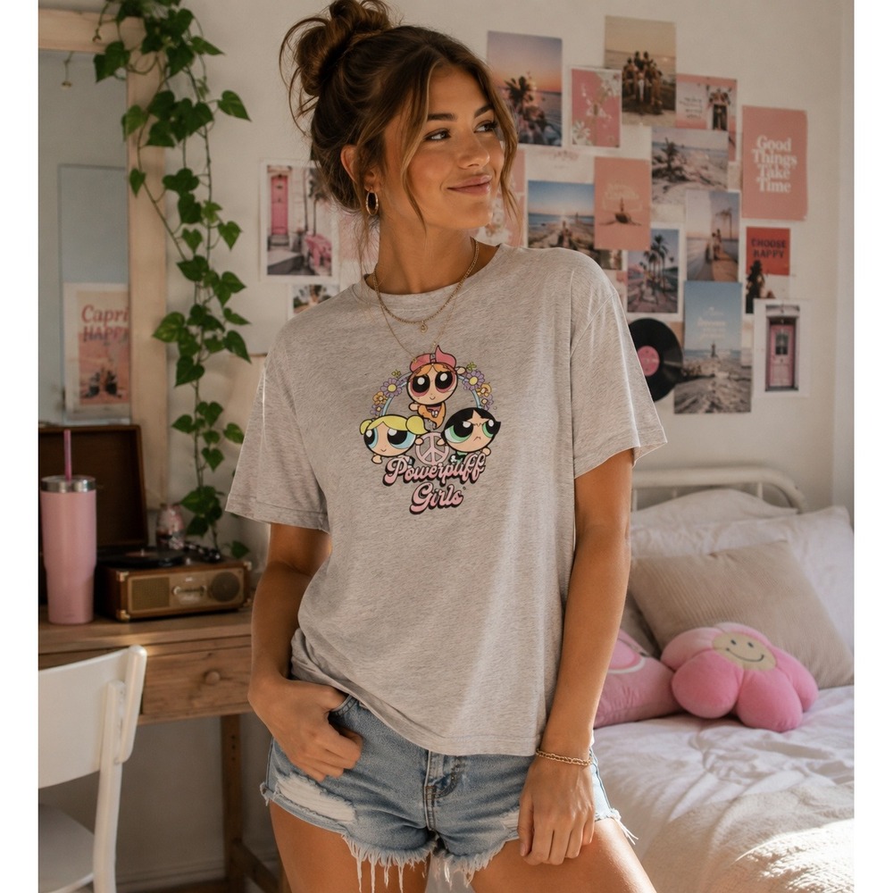 Powerpuff Girls Graphic T-Shirt Heather Gray Cartoon Network Y2K Blossom Bubbles